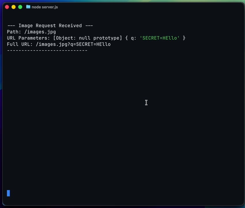 A terminal log from a local server showing a GET request for an image. The full URL clearly contains the exfiltrated secret: `images.jpg?q=SECRET=hello`.