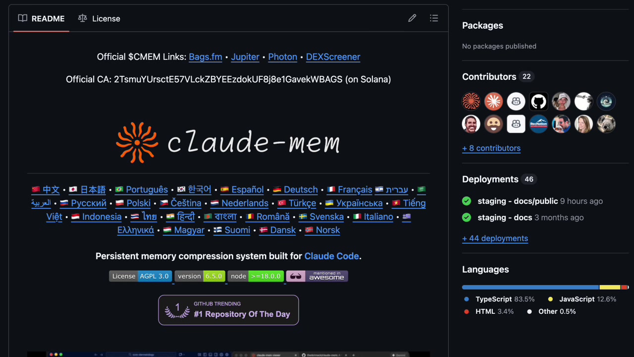 The claude-mem GitHub repository page, showing the project's logo and description.