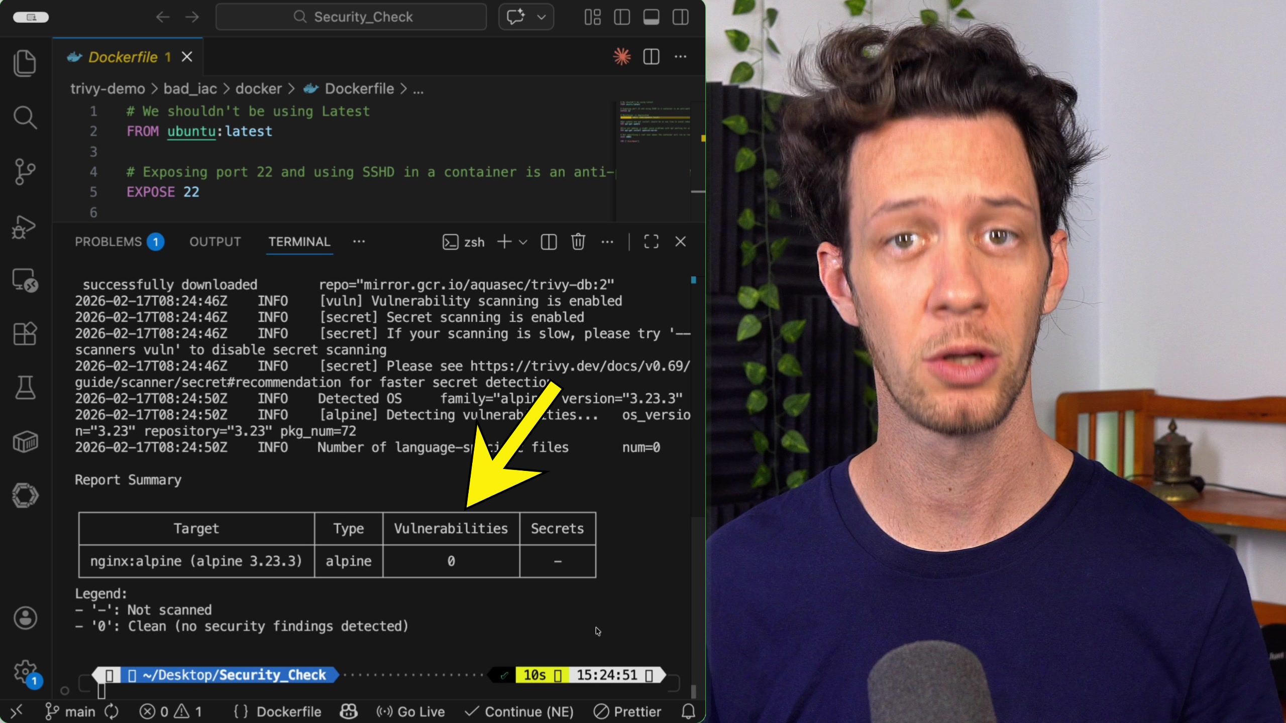 The summary report table from the Trivy scan, showing the nginx\:alpine target with 0 vulnerabilities and 0 secrets found.