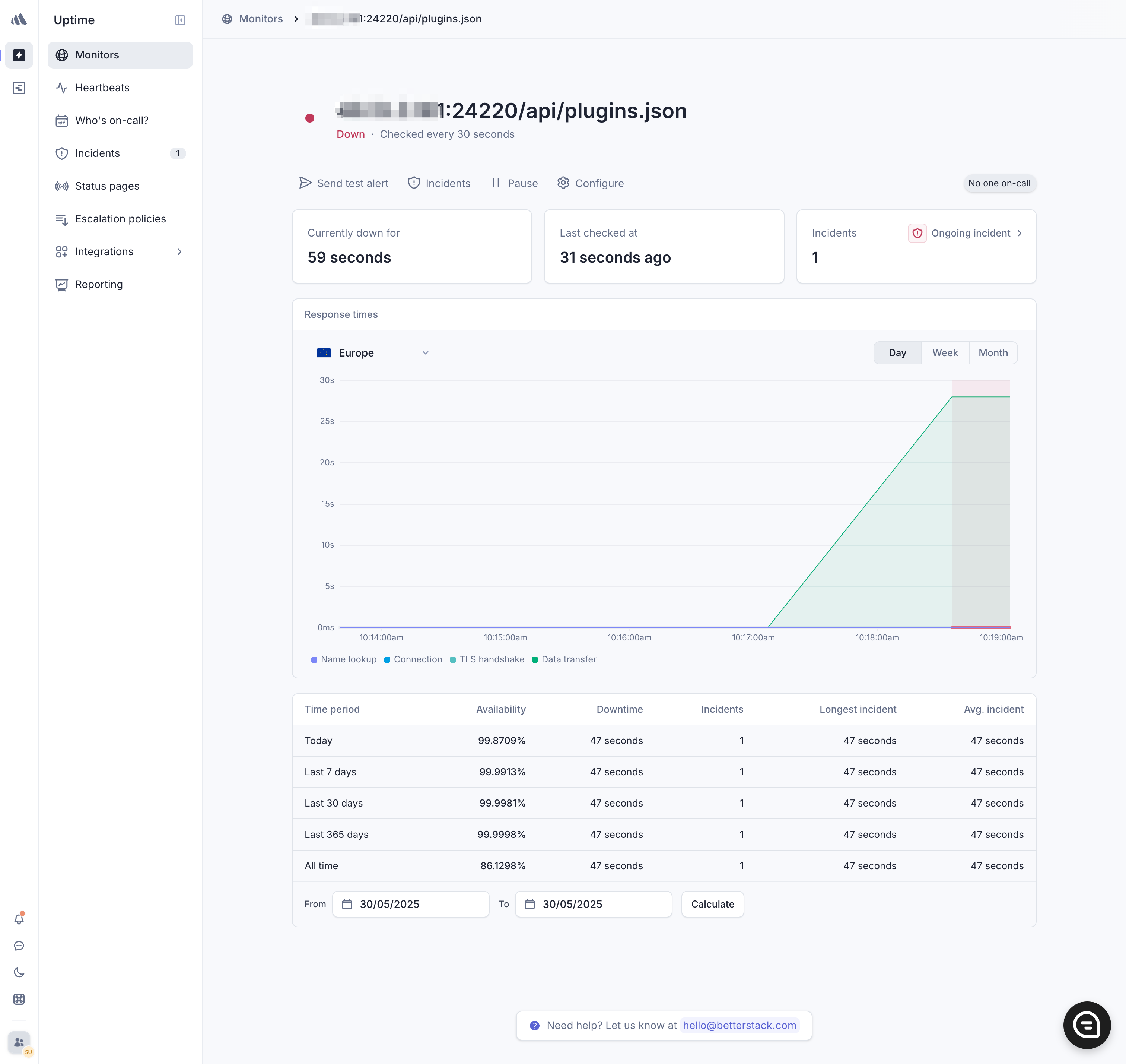 Screenshot of Better Stack indicating that the endpoint is down