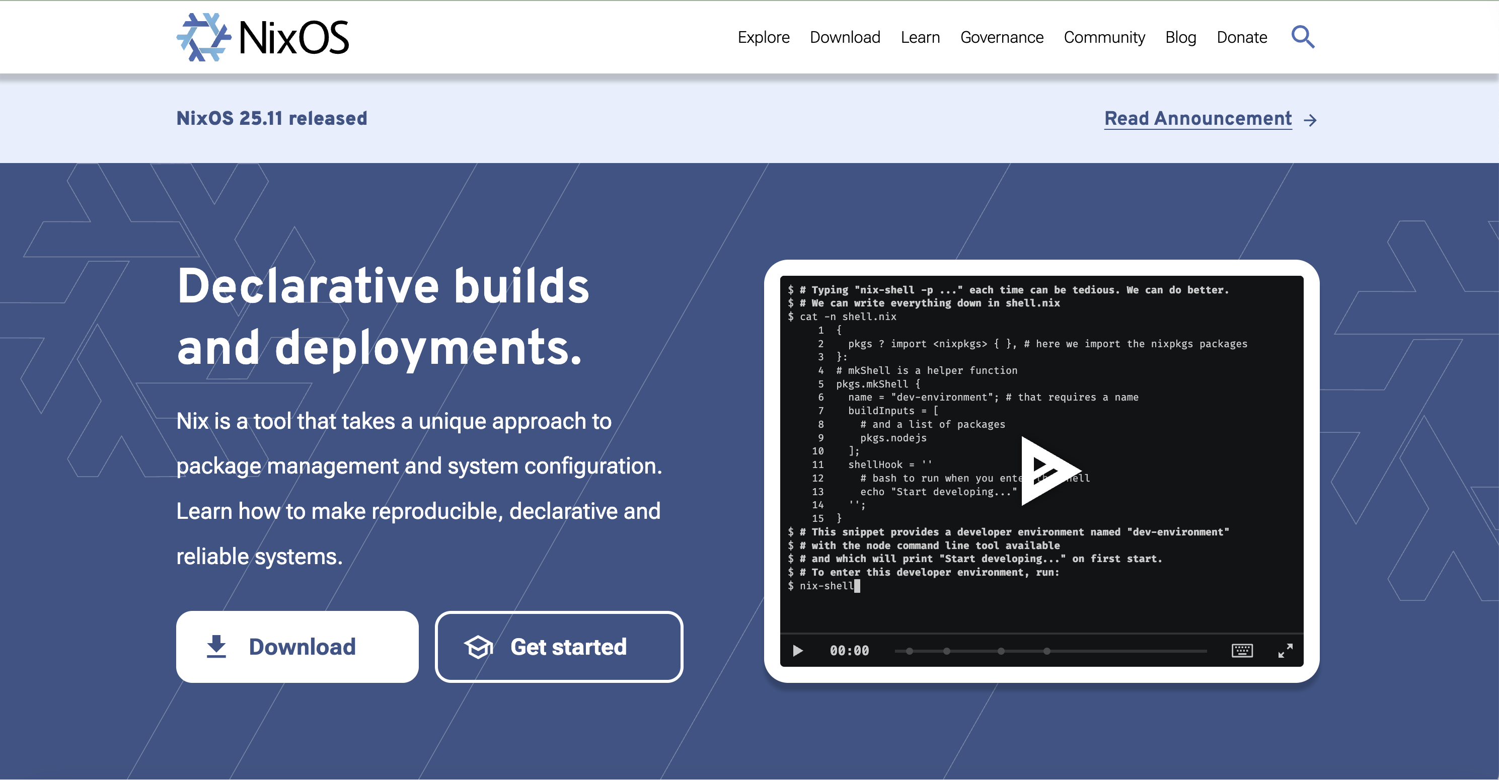 Screenshot of Nix website homepage
