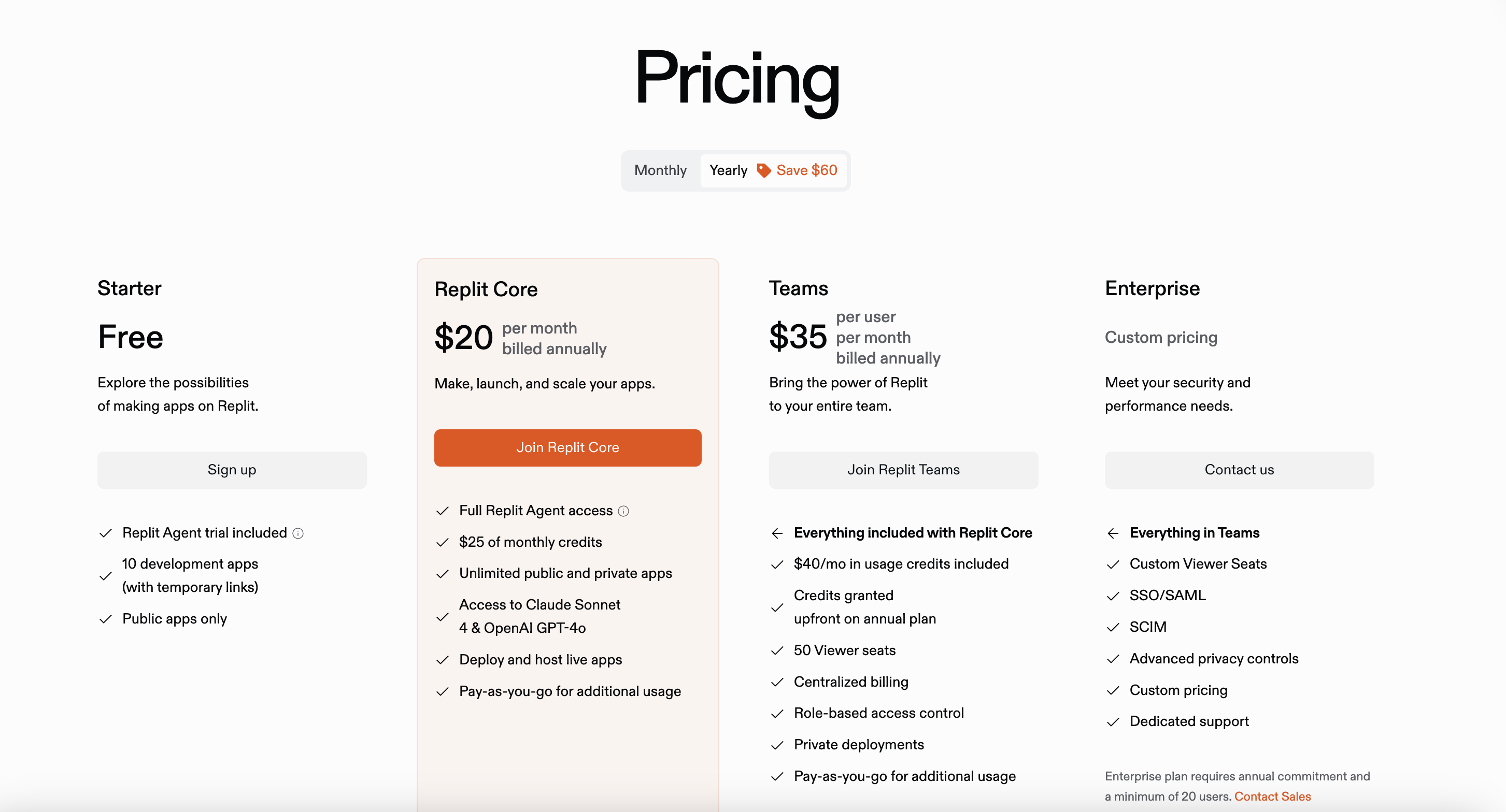 Screenshot of Replit's pricing tiers showing Starter, Core, Teams, and Enterprise options