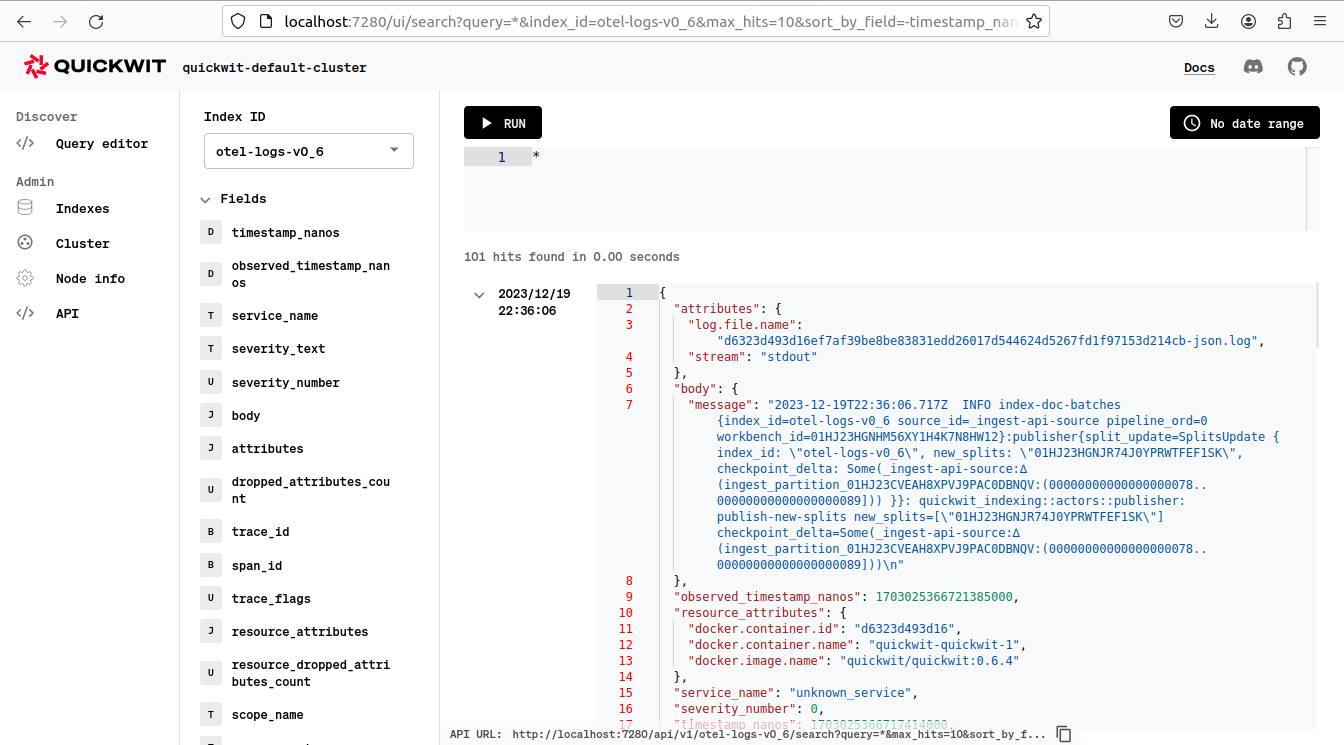 Screenshot of Quickwit UI