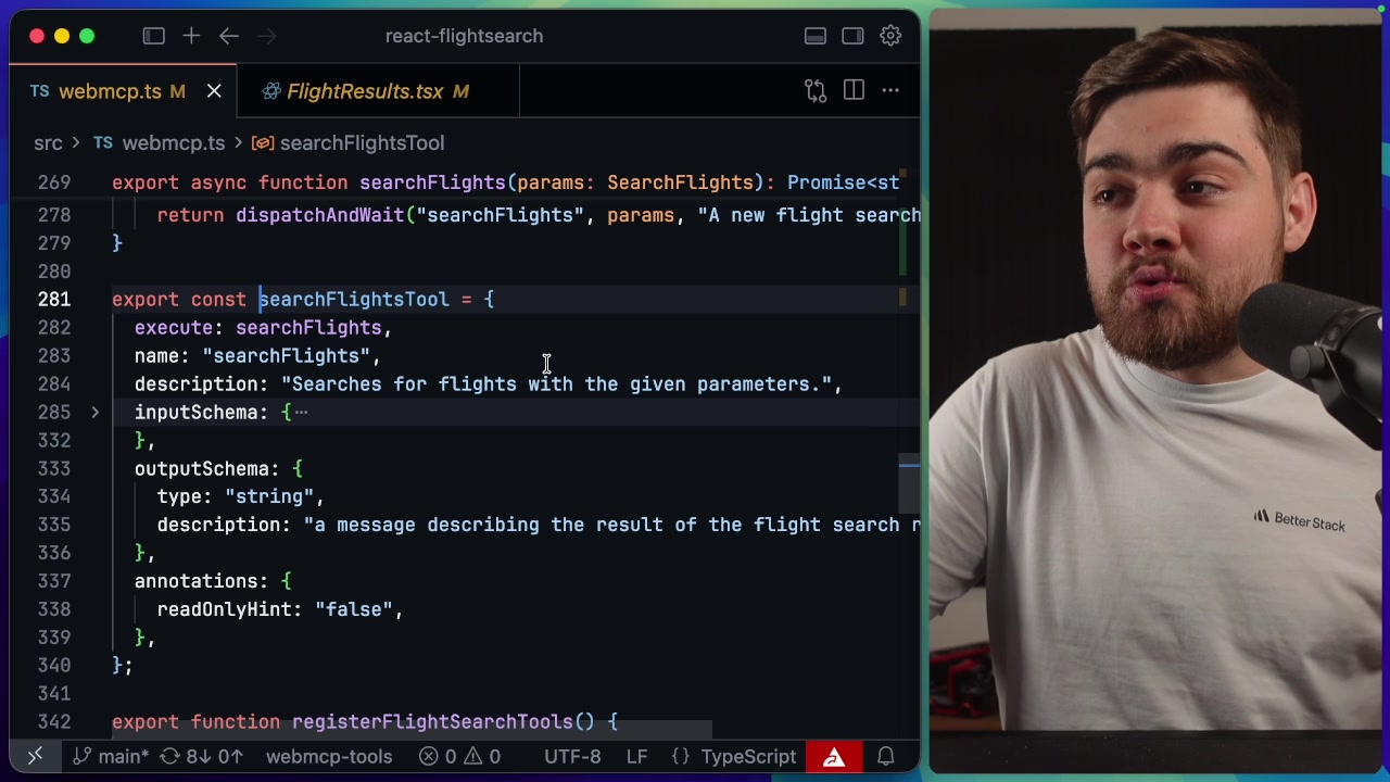 A detailed code view of the `searchFlightsTool` object. This highlight clearly shows the `execute`, `name`, `description`, `inputSchema`, and `outputSchema` properties and their values.