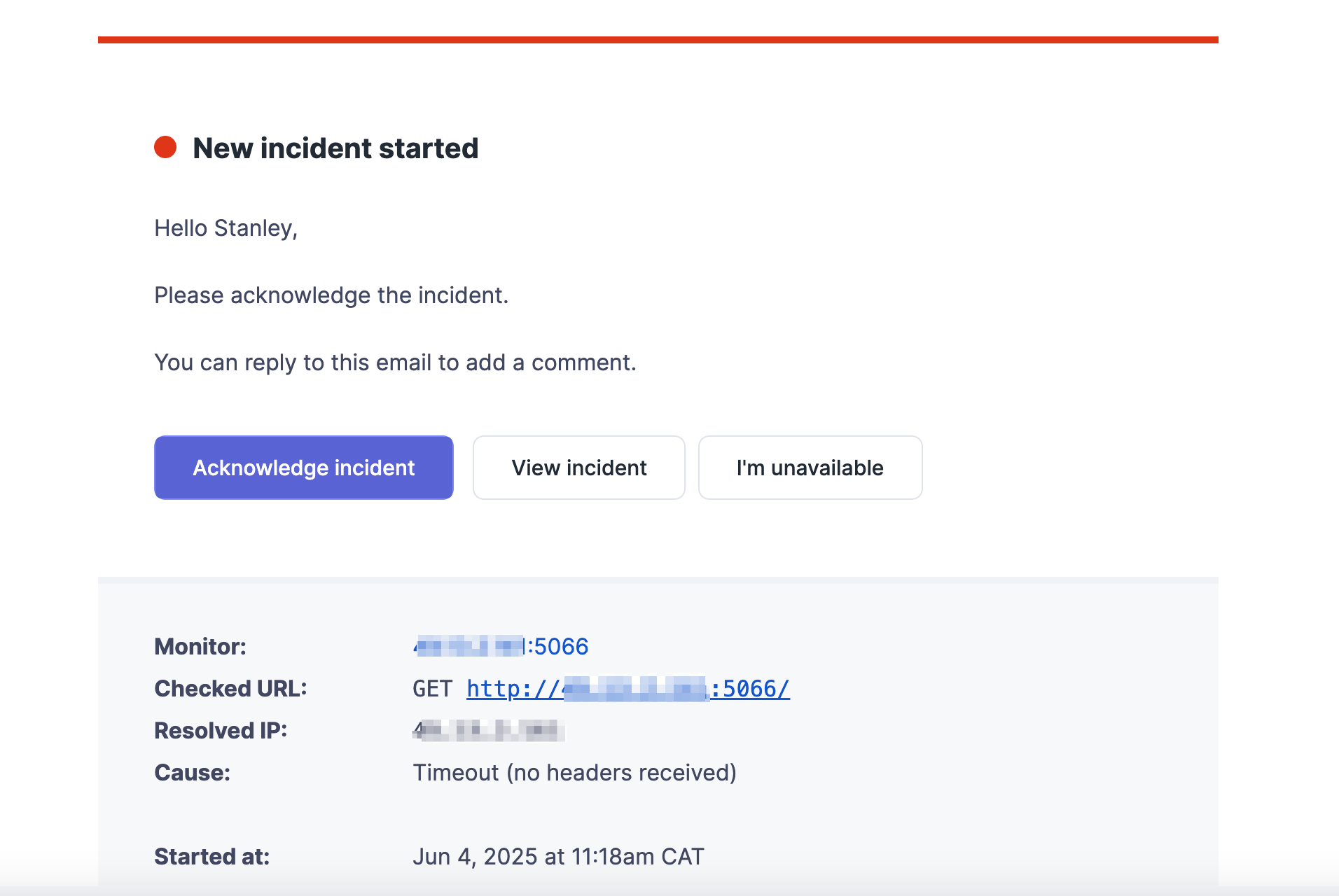 Screenshot showing the email Alert that Better Stack sent
