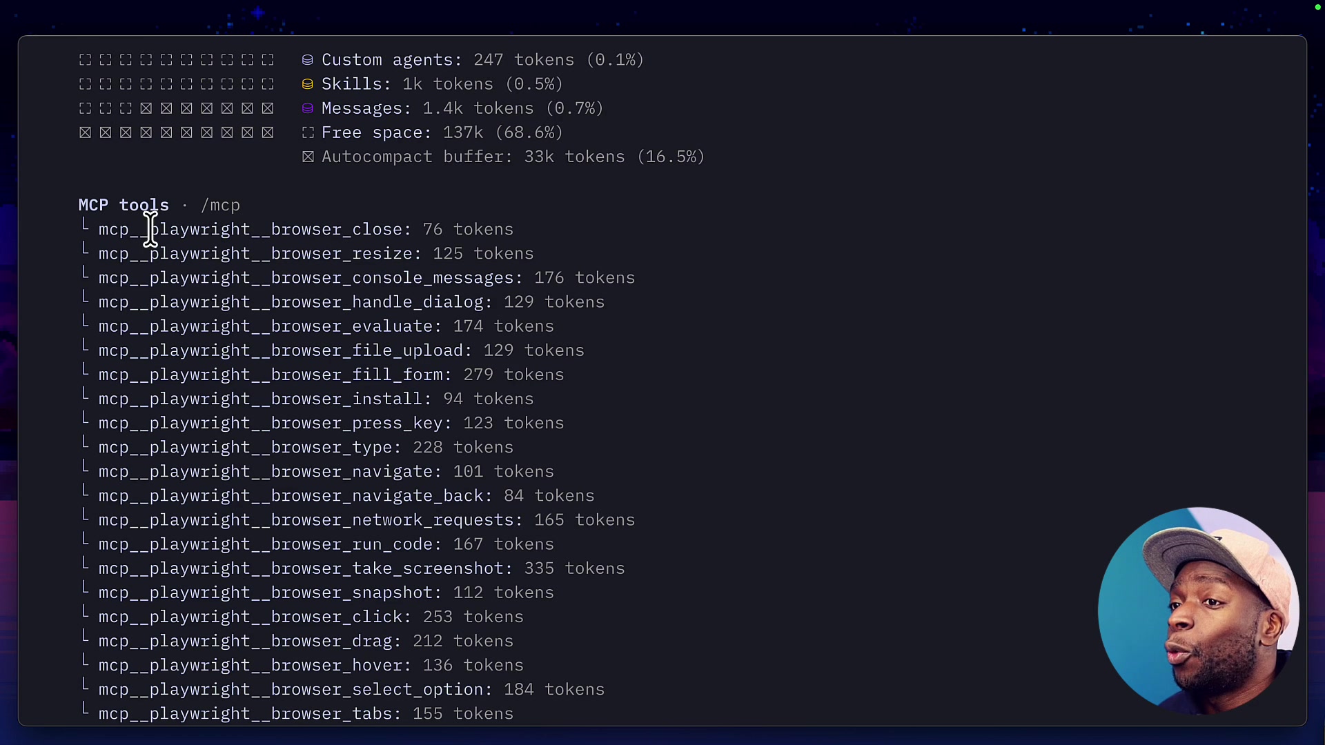 A long, scrollable list of MCP tools (e.g., `mcp__playwright__browser_close`, `mcp__playwright__browser_fill_form`) is shown in the context usage panel, with the total for "MCP tools" highlighted as 3.6k tokens.