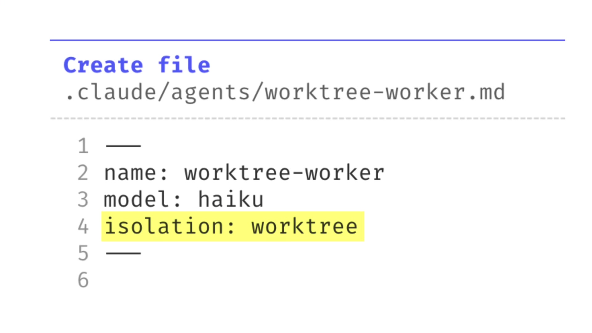 A code snippet showing the `isolation: worktree` property in an agent's front matter.