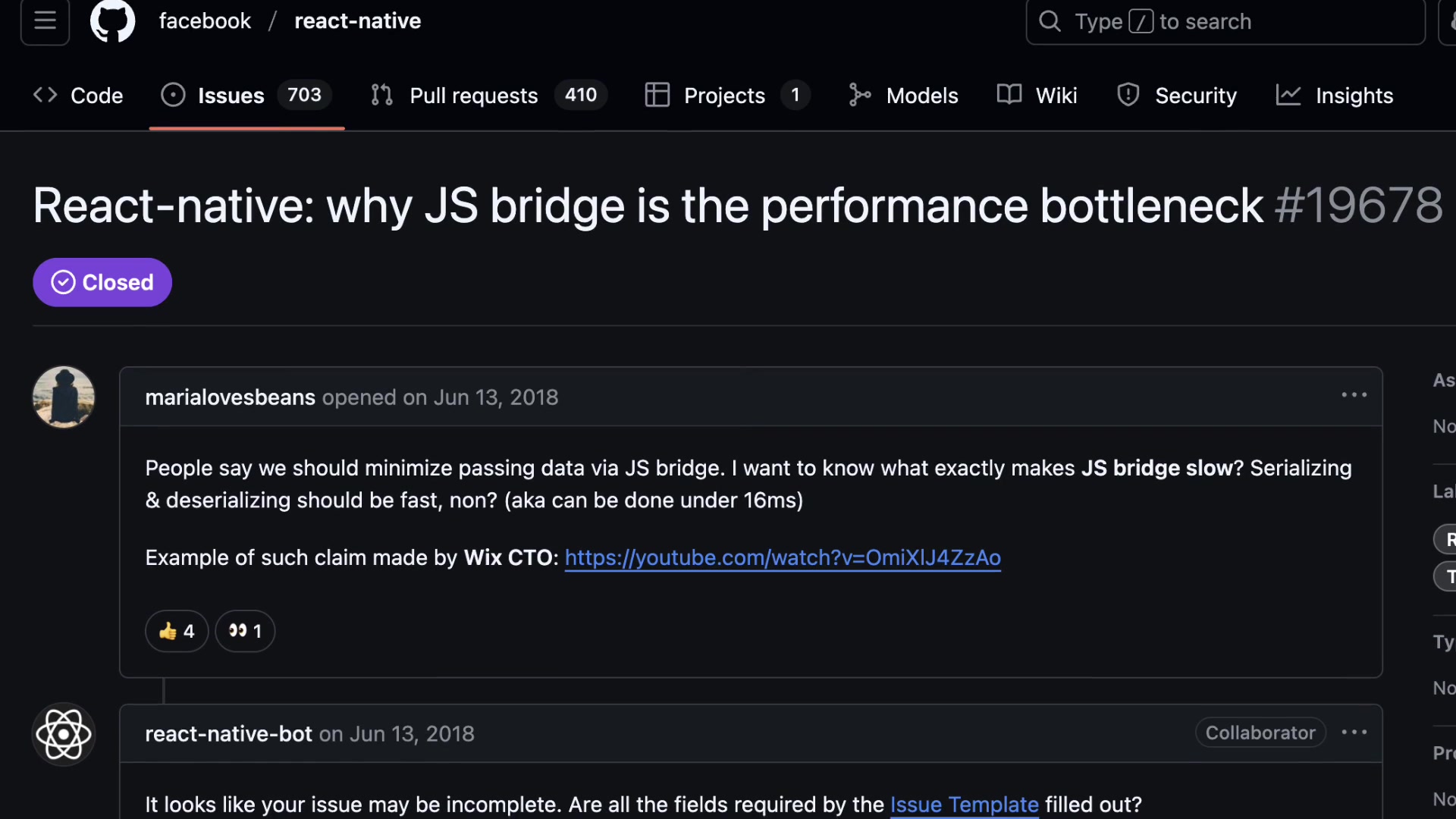 A screenshot of a GitHub issue from 2018 titled "React-native: why JS bridge is the performance bottleneck," perfectly illustrating the problem Valdi was designed to solve.