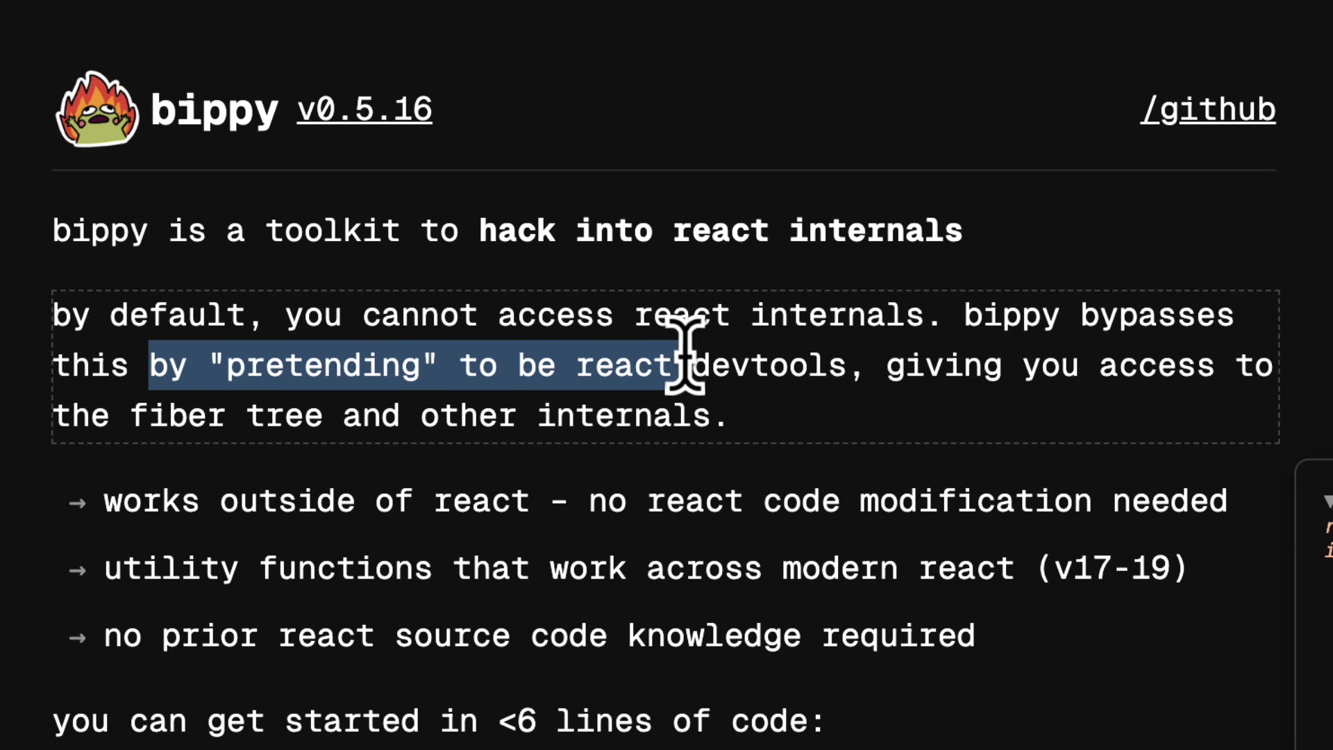 The README file for the bippy library on GitHub, with the phrase pretending to be react devtools highlighted