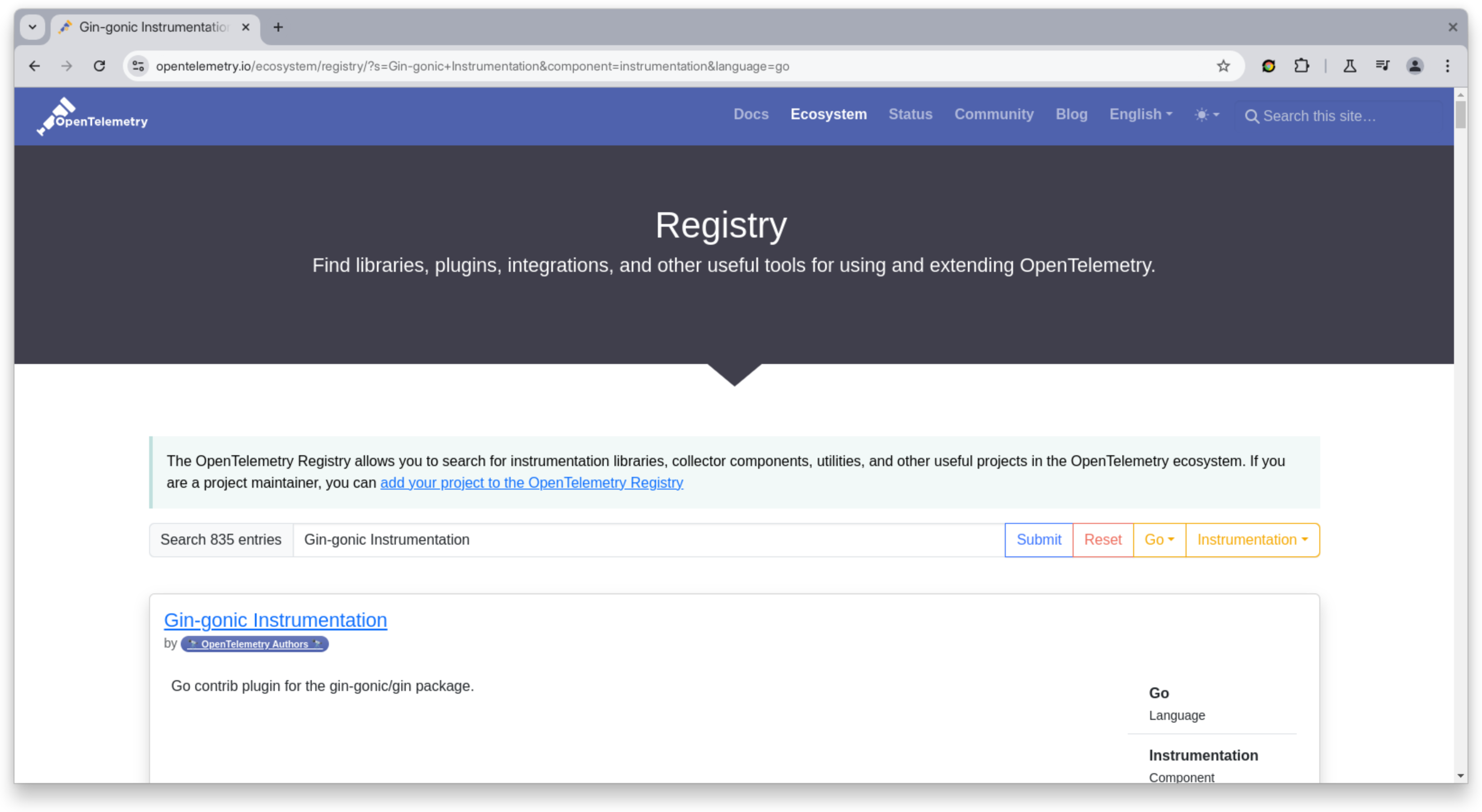 Screenshot of OpenTelemetry Instrumentation Search Page