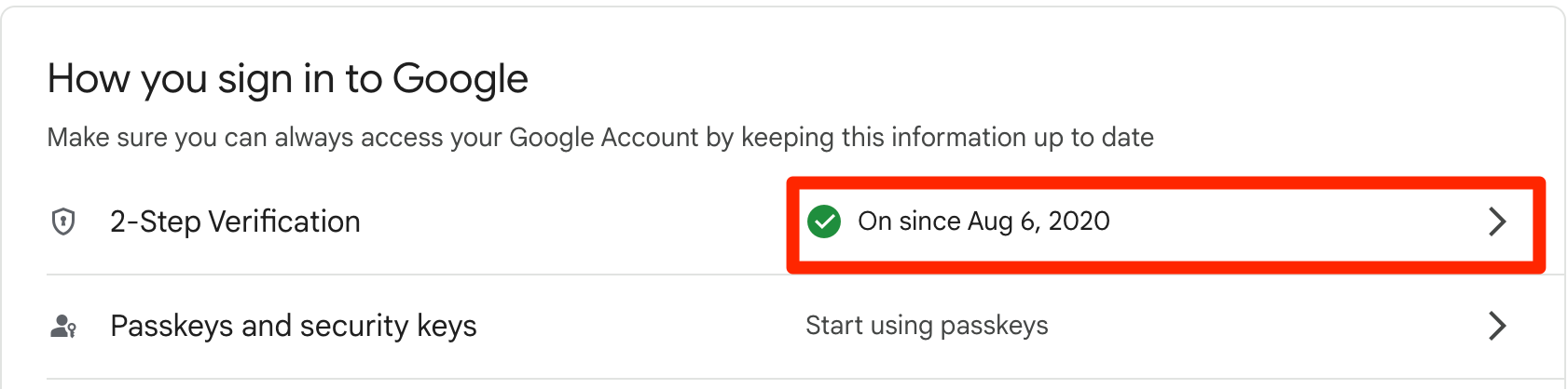 Screenshot showing 2-step verification enabled