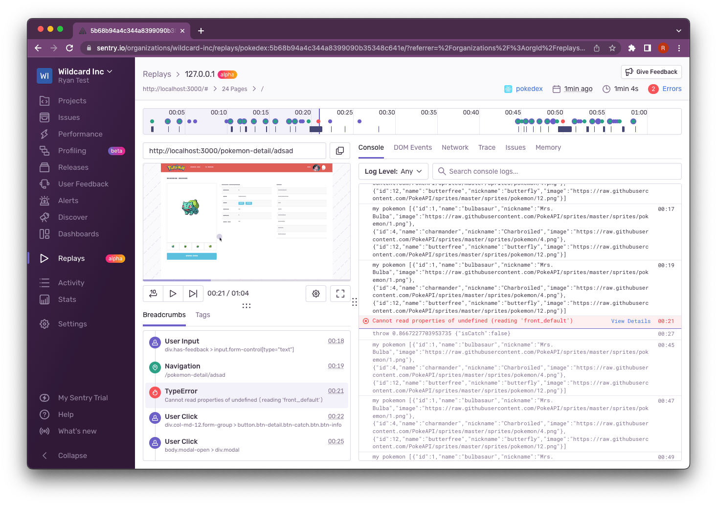 Screenshot of Sentry session replay