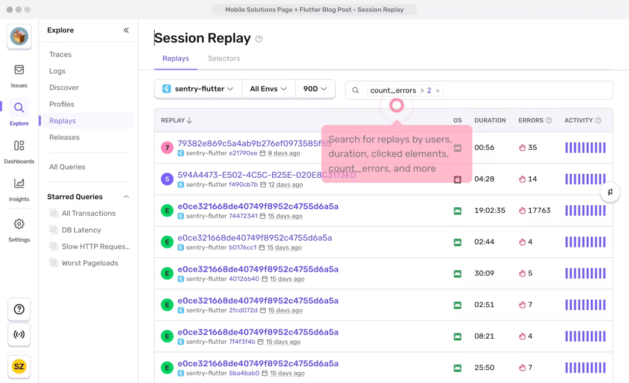 Sentry performance monitoring screenshot
