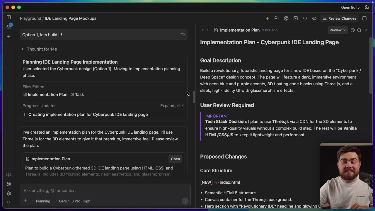 The detailed Implementation Plan for the landing page. It clearly sections out the Goal, User Review requirements, and Proposed Changes for both the HTML and CSS files.