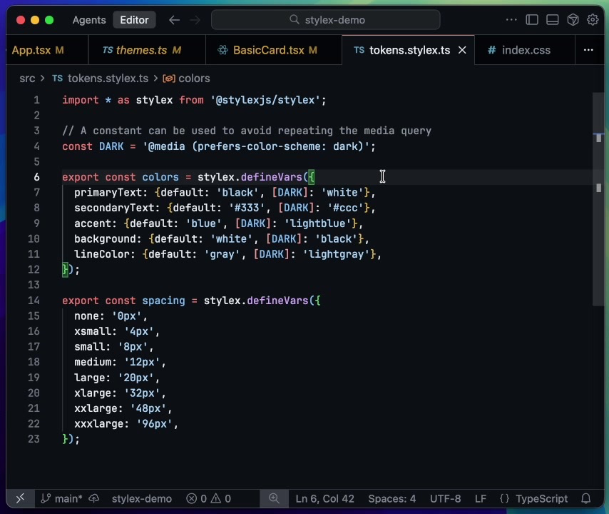 A code example showing `stylex.defineVars()` used to create design tokens for colors and spacing, including dark mode variants.