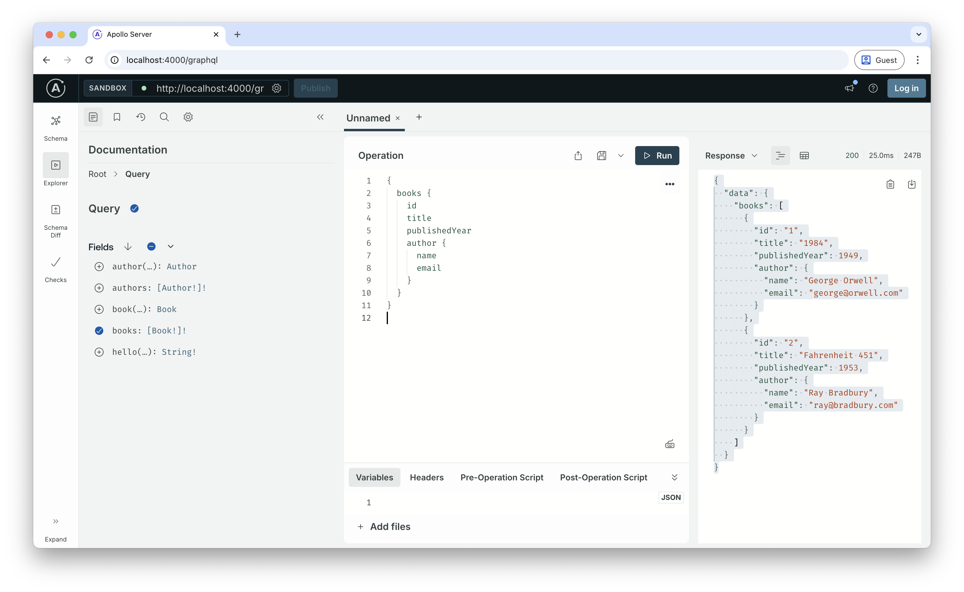 Screenshot in the GraphQL interface showing the author information populated