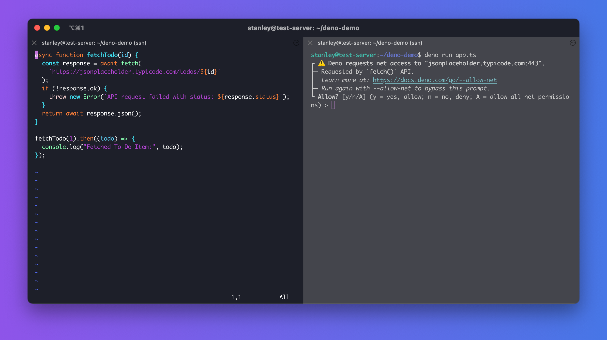 Screenshot highlighting Deno's security features
