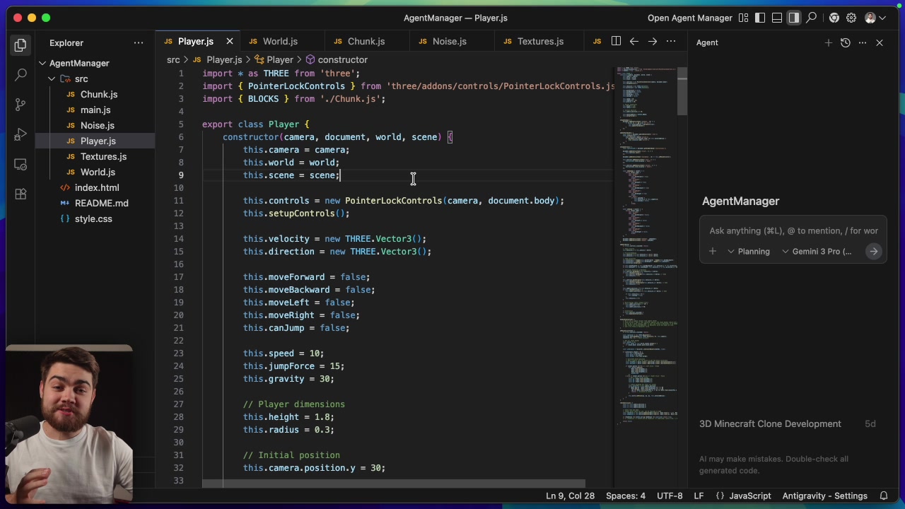 A screenshot of the main Antigravity IDE interface, which closely resembles the standard VS Code layout, showcasing the familiar file explorer, code editor, and the distinctive "Agent" tab on the right sidebar.