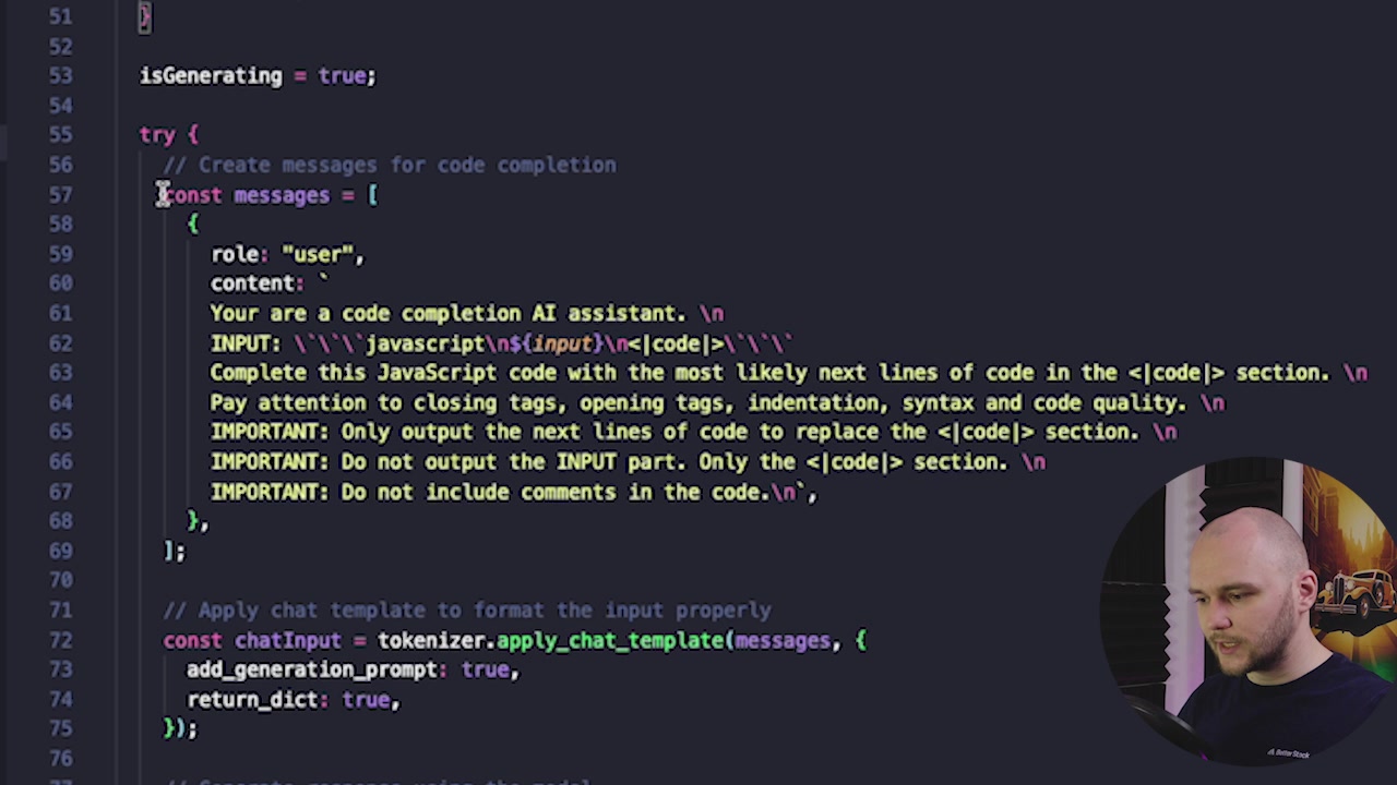 A screenshot of the detailed prompt string in the VS Code editor, instructing the AI on how to behave as a code completion assistant.
