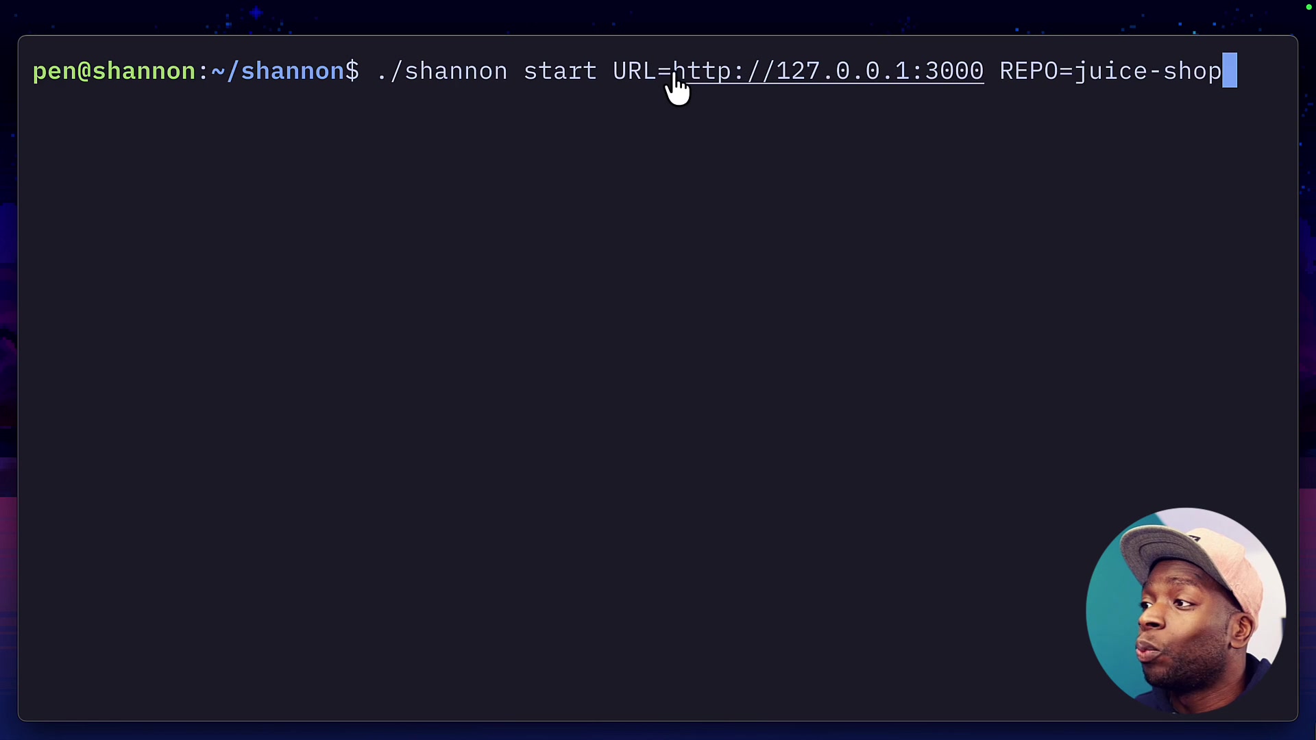 The terminal command used to start the Shannon penetration test against the local Juice Shop application.