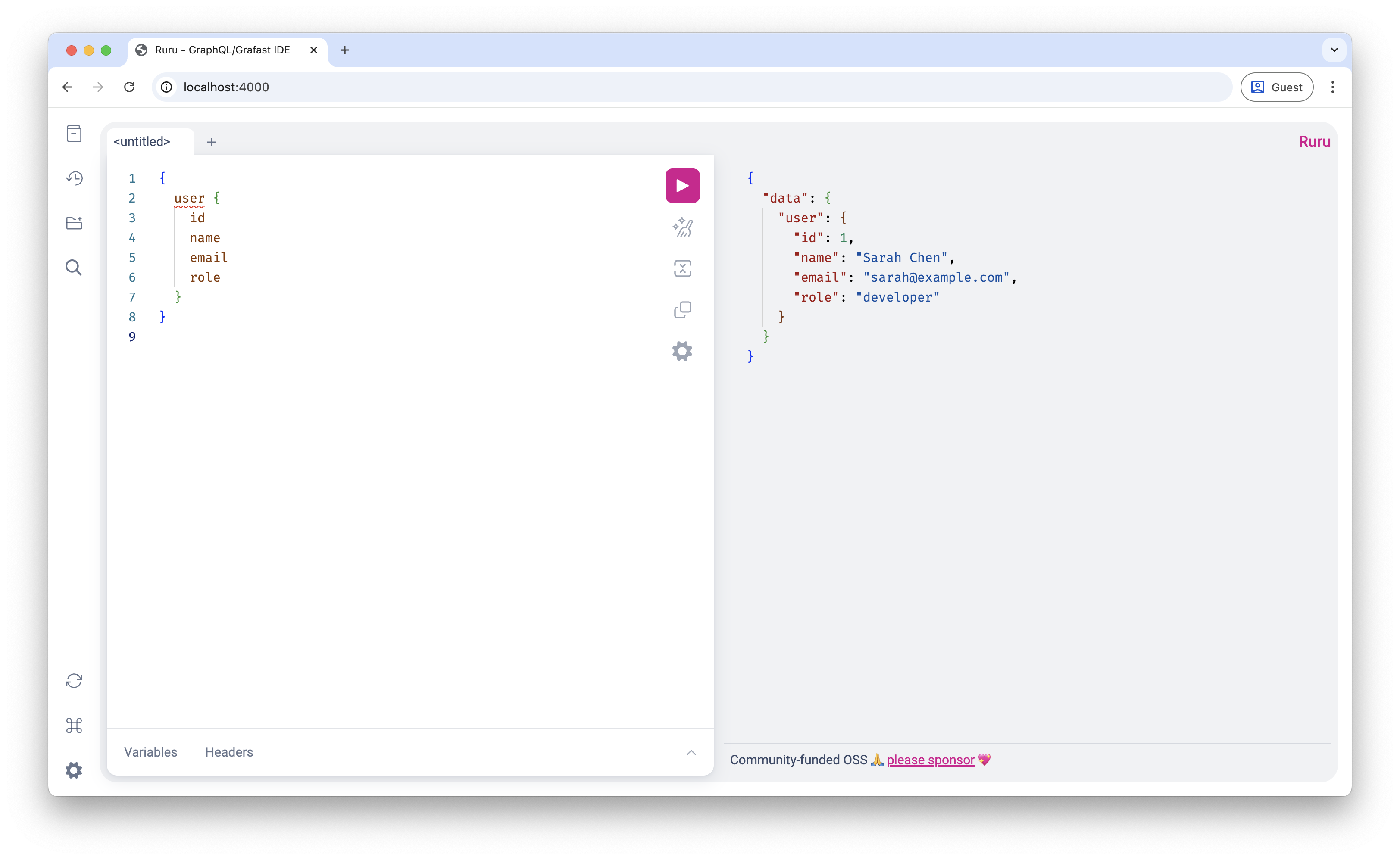 Screenshot of GraphiQL showing user query results