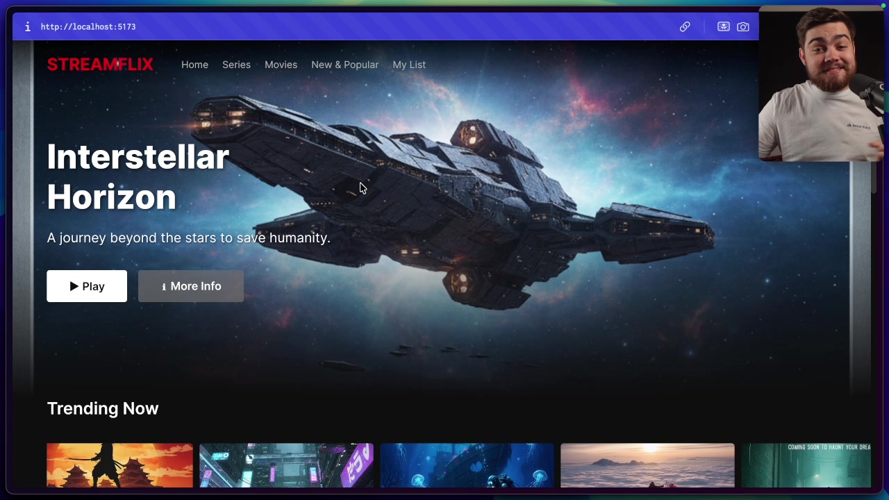 The landing page for "StreamFlix" generated by Gemini 3, featuring a large hero image, carousels of movie thumbnails, and a clean, dark-themed layout.
