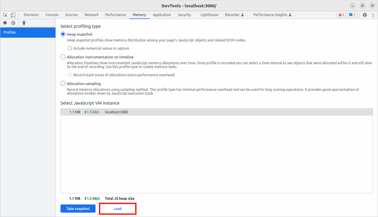 Screenshot of the "load" button marked