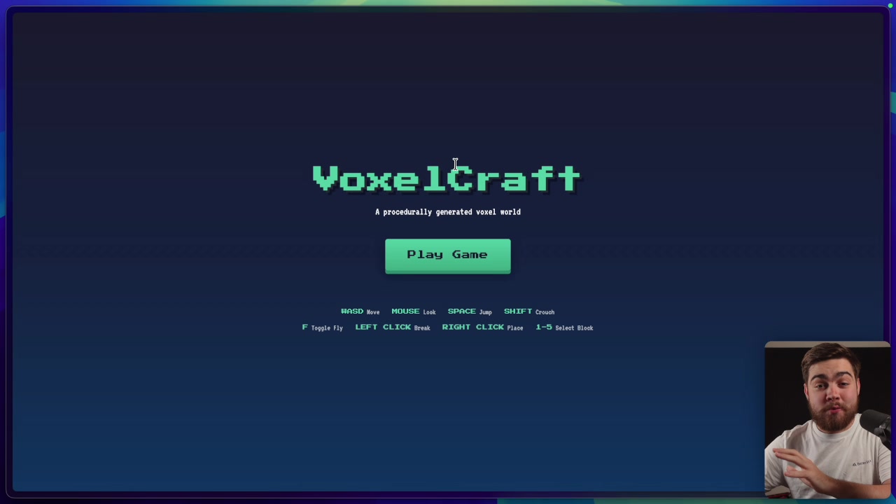 The VoxelCraft game title screen with Play Game button