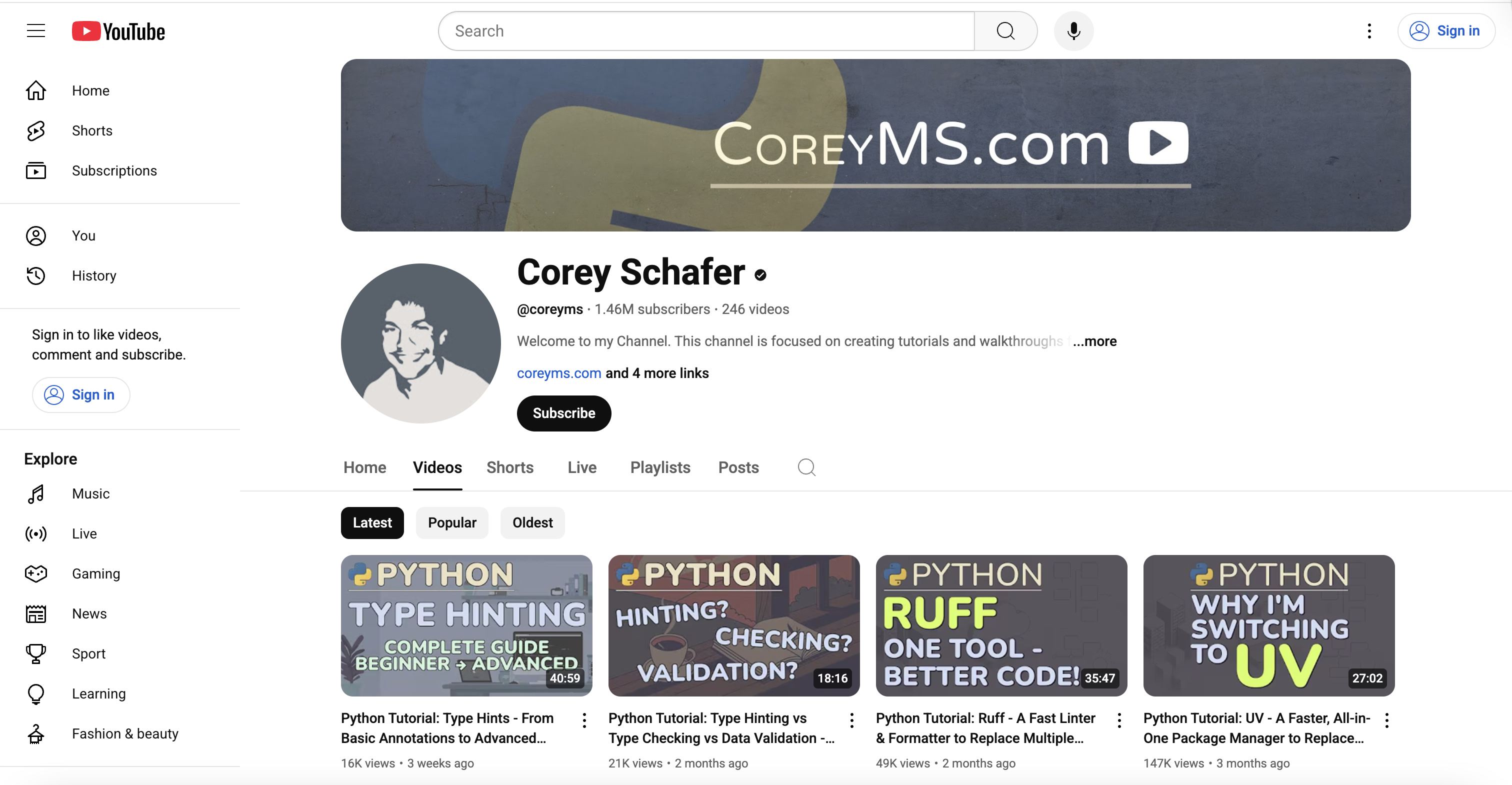 Corey Schafer Youtube channel