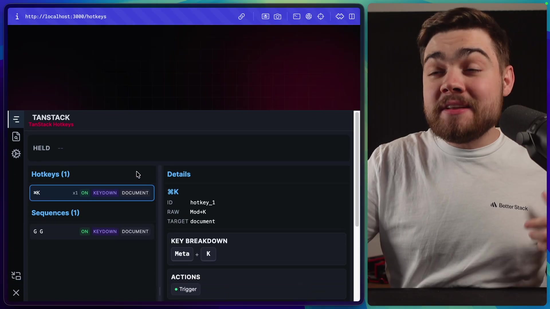 A detailed view of the TanStack Hotkeys DevTools, showing registered hotkeys, sequences, their current state, and options.