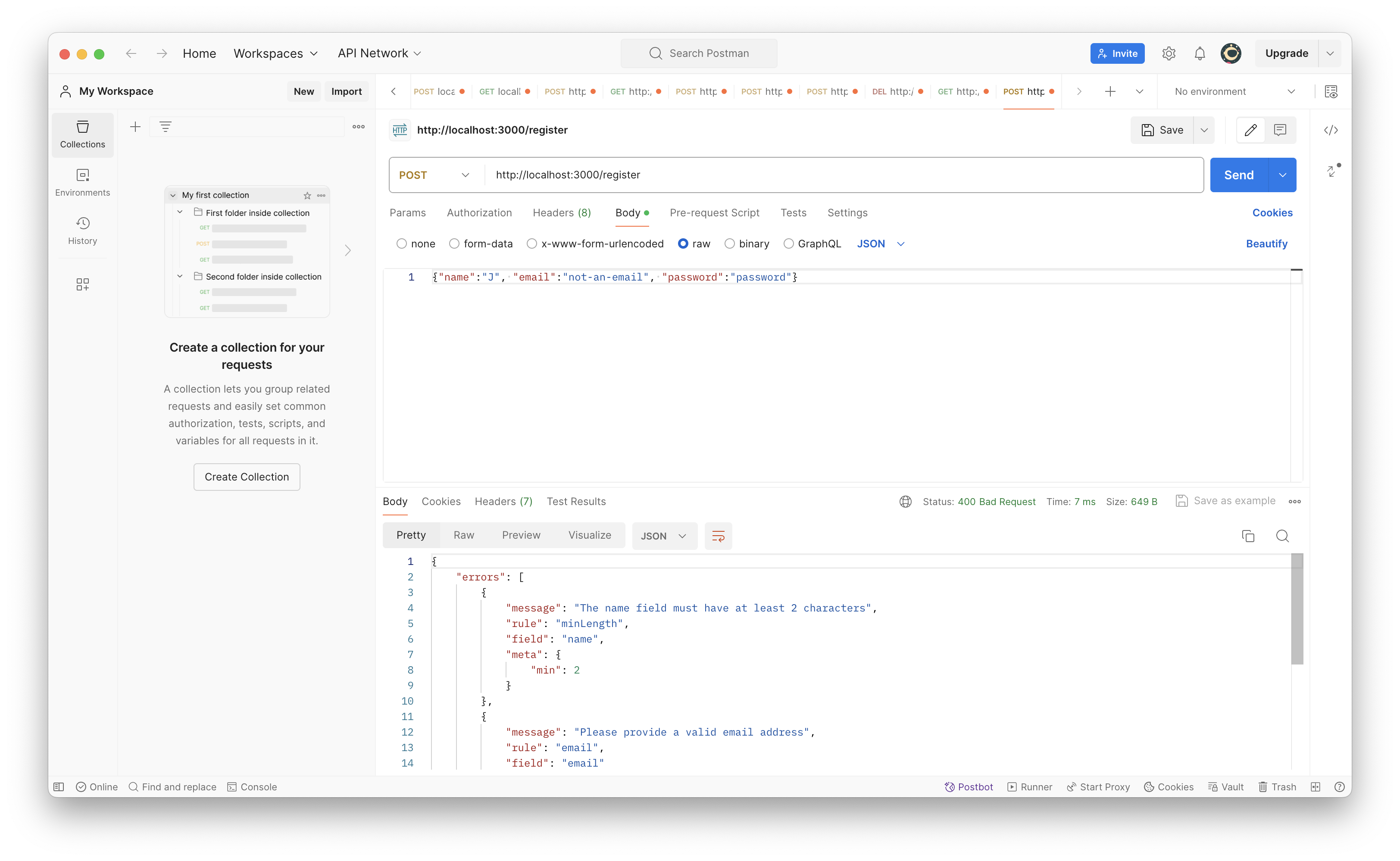 Screenshot showing validation errors in Postman
