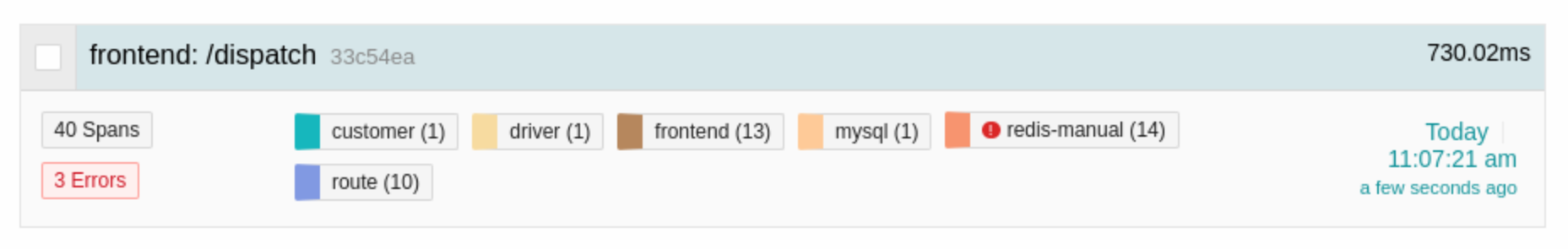 HotROD frontend trace entry in Jaeger