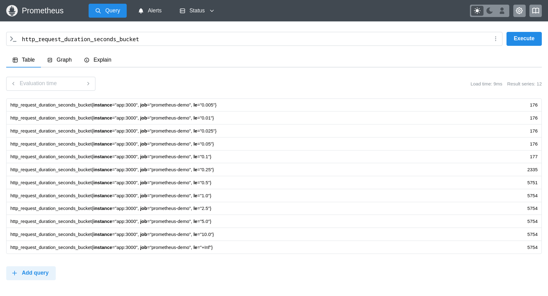 Screenshot of basic histogram metric query in Prometheus
