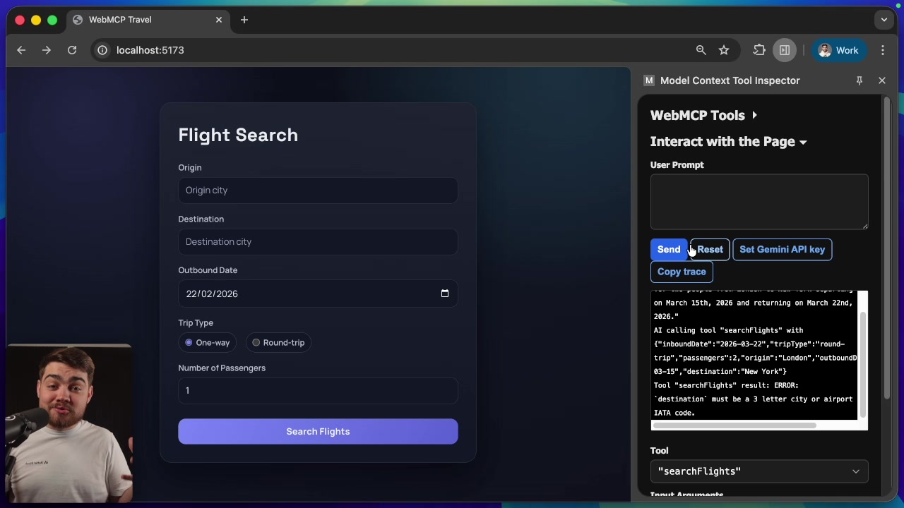 The flight results page is displayed after the AI executes the tool. The page shows a list of flights from LON to NYC for the correct dates, confirming the action was successful.