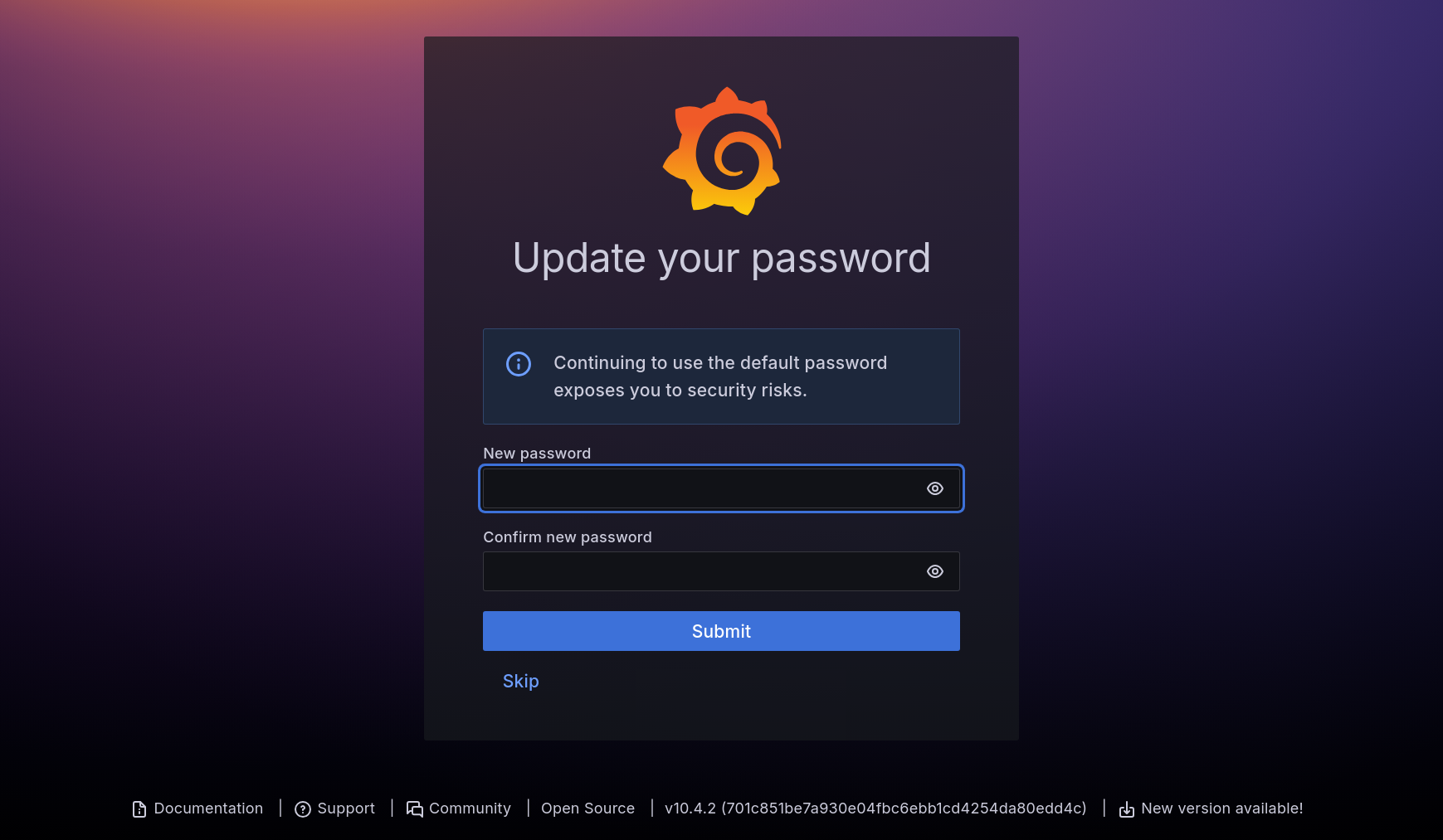 Grafana change password form