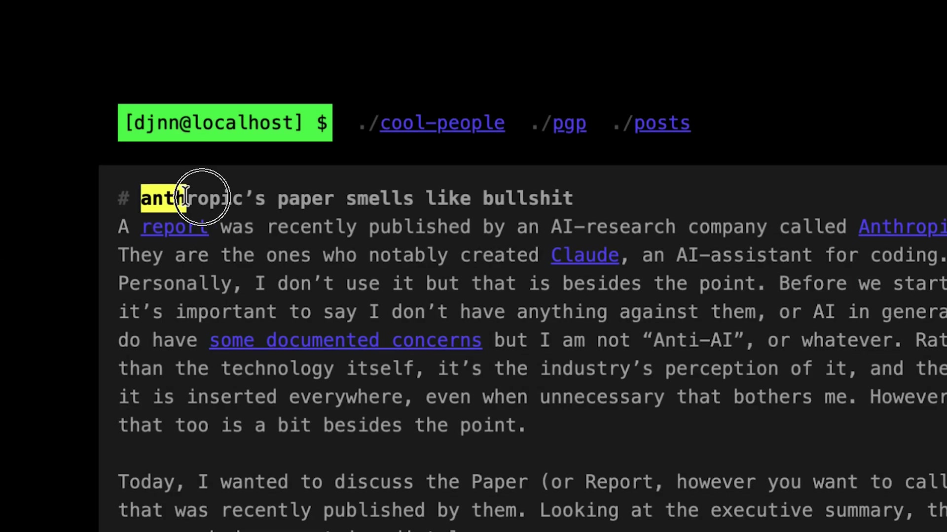 A screenshot of the blog post by security researcher djnnvx, with the blunt title "anthropic's paper smells like bullshit" highlighted.