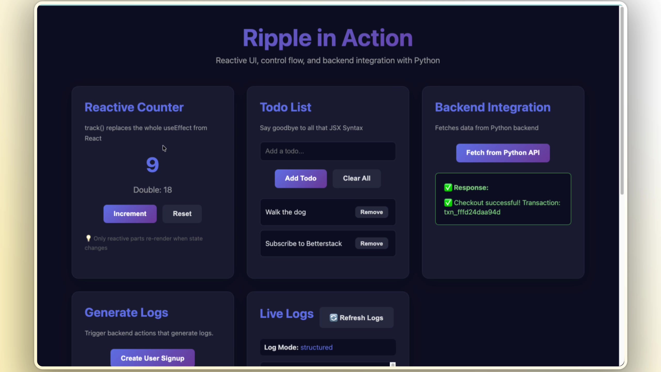 Ripple in Action demo application showcasing various reactive components