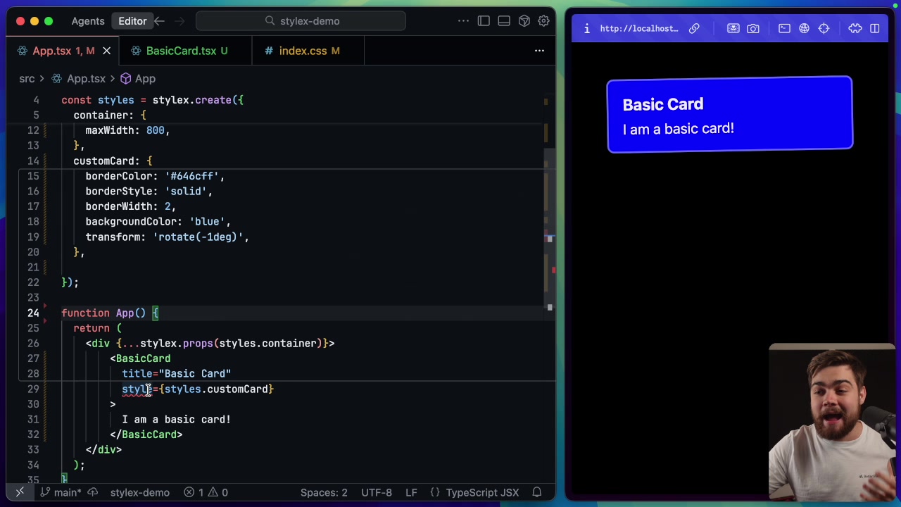 A TypeScript error highlights an invalid style being passed to a component, demonstrating StyleX's ability to enforce design constraints at the type level.