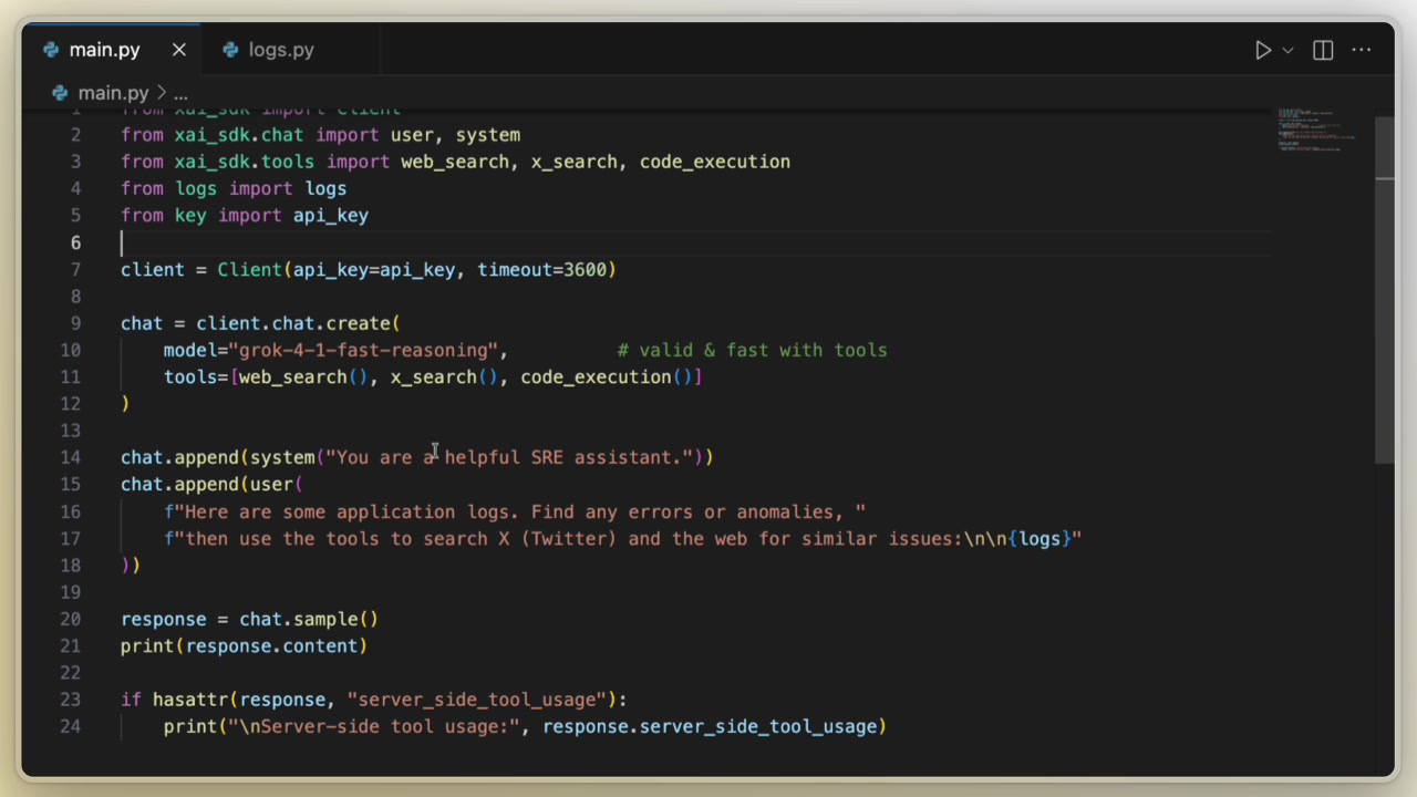 The complete Python code for the SRE assistant in the `main.py` file, showcasing the API usage.