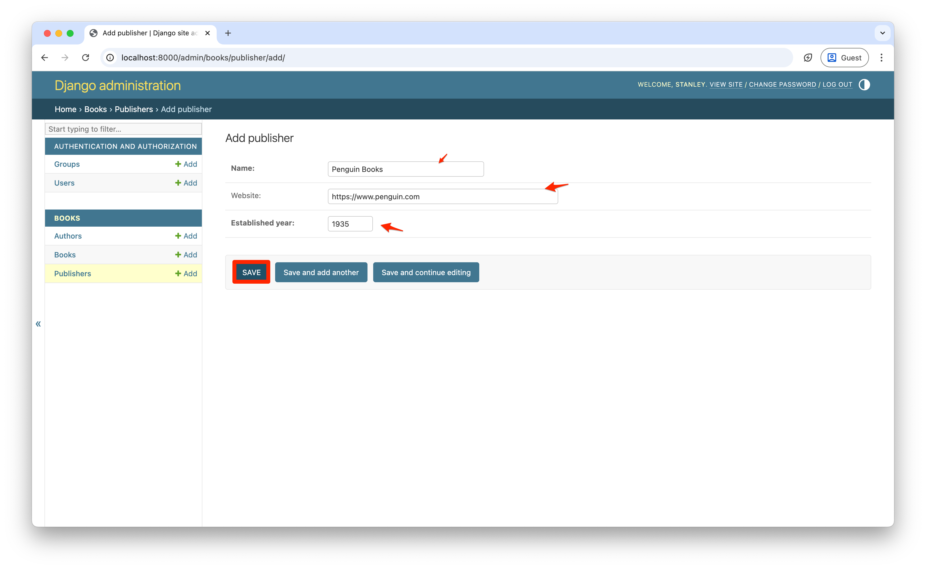 Screenshot showing the Django admin add publisher form