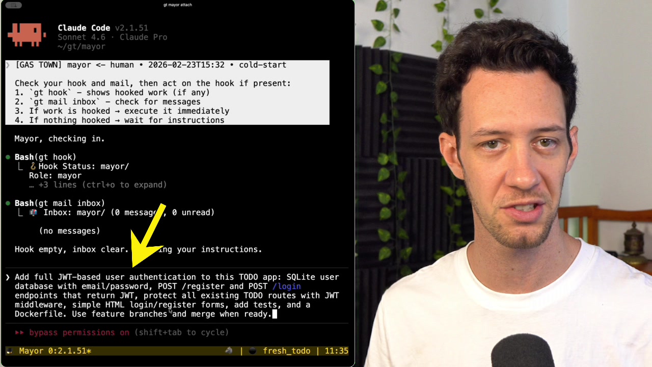 The detailed prompt for adding JWT-based user authentication is shown being entered into the Mayor's interactive session.