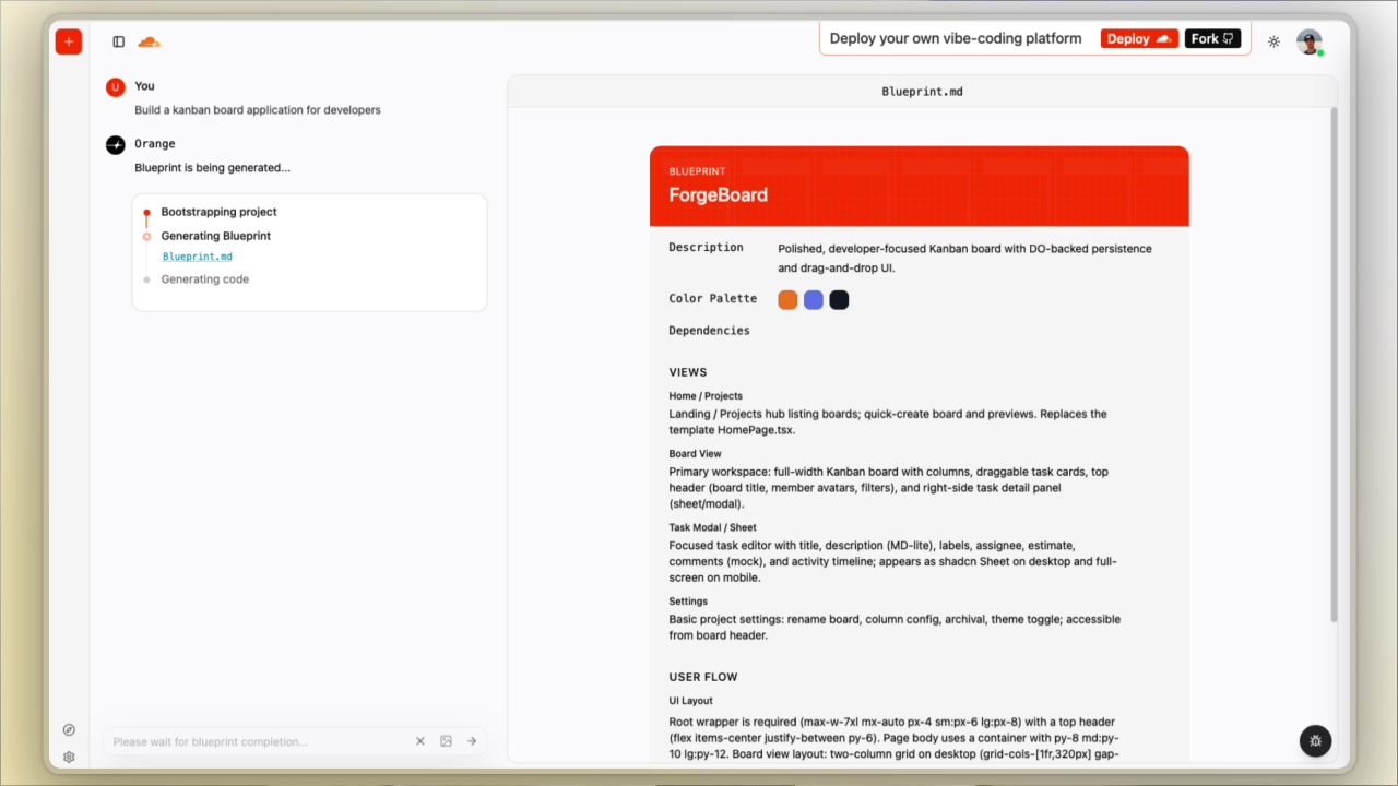 The AI generating a detailed project blueprint in Markdown, outlining the description, color palette, dependencies, and views.