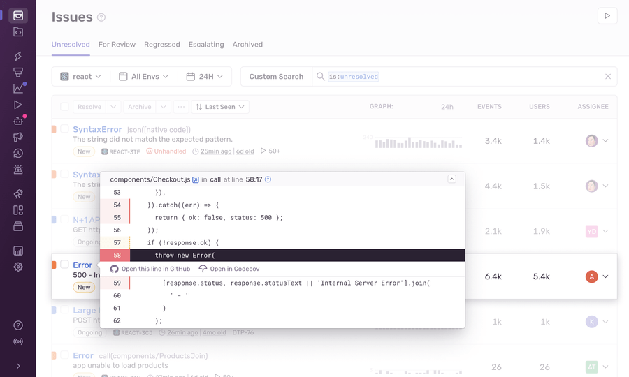 Screenshot of Sentry dashboard