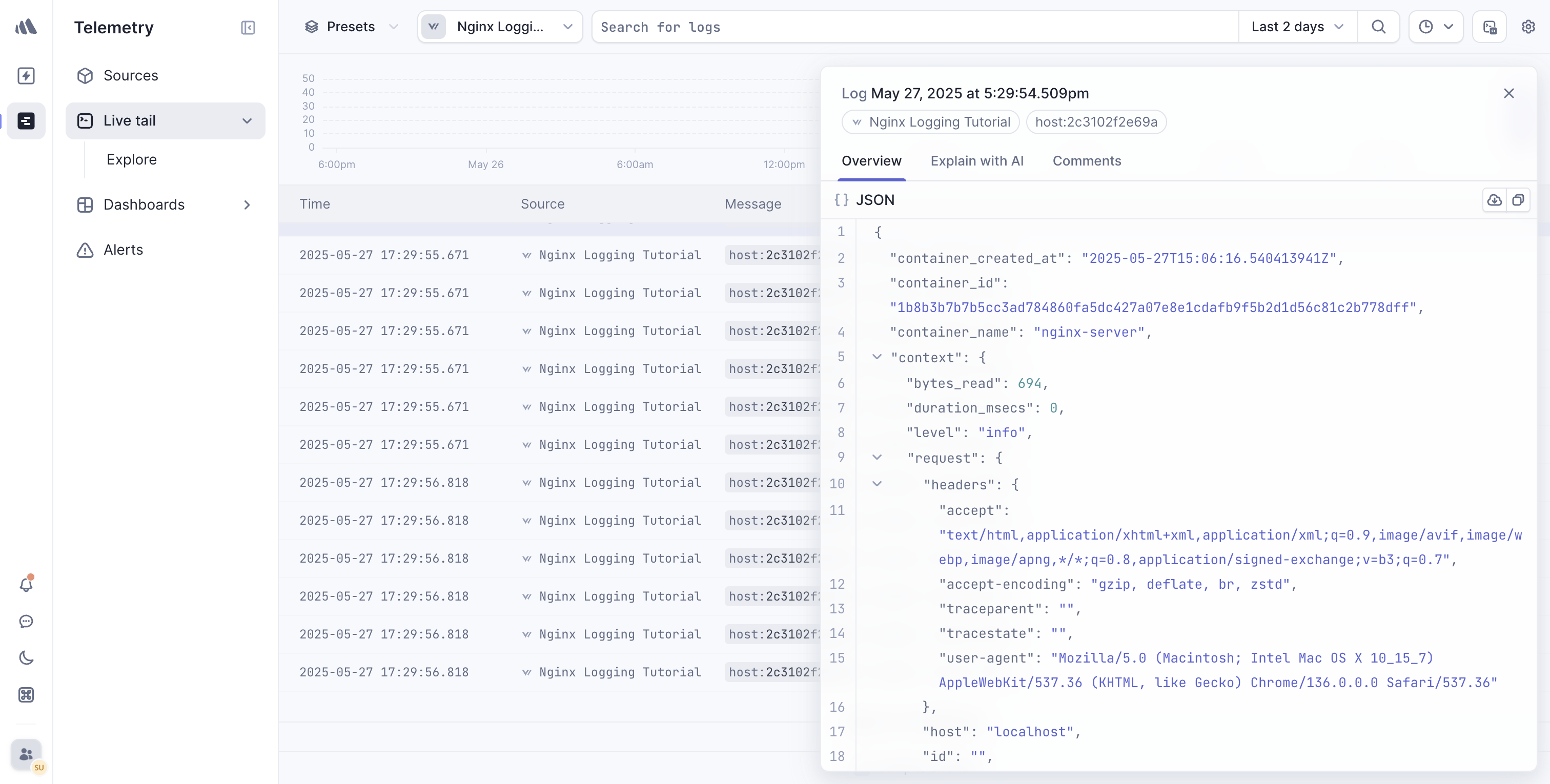 Expanded Nginx log entry in Better Stack showing detailed JSON properties