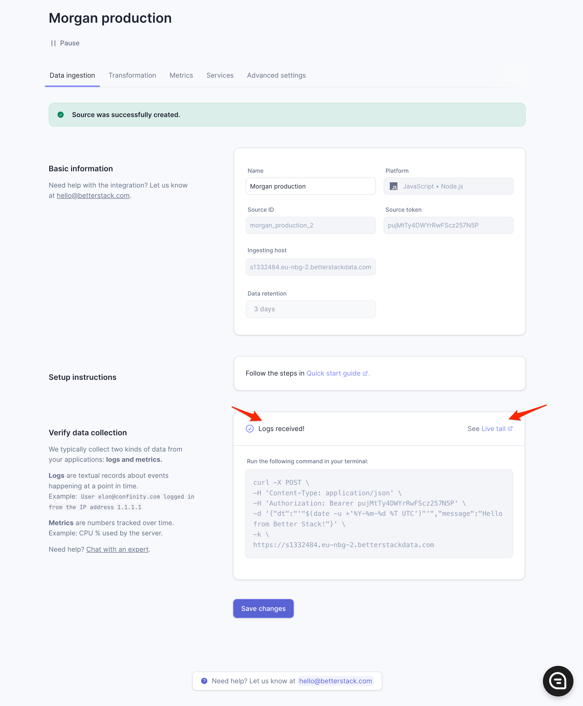Screenshot of live tail in Better Stack
