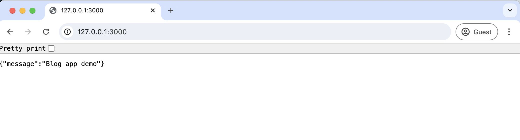 Screenshot showing the server output `{"message":"Blog app demo"}` in the browser