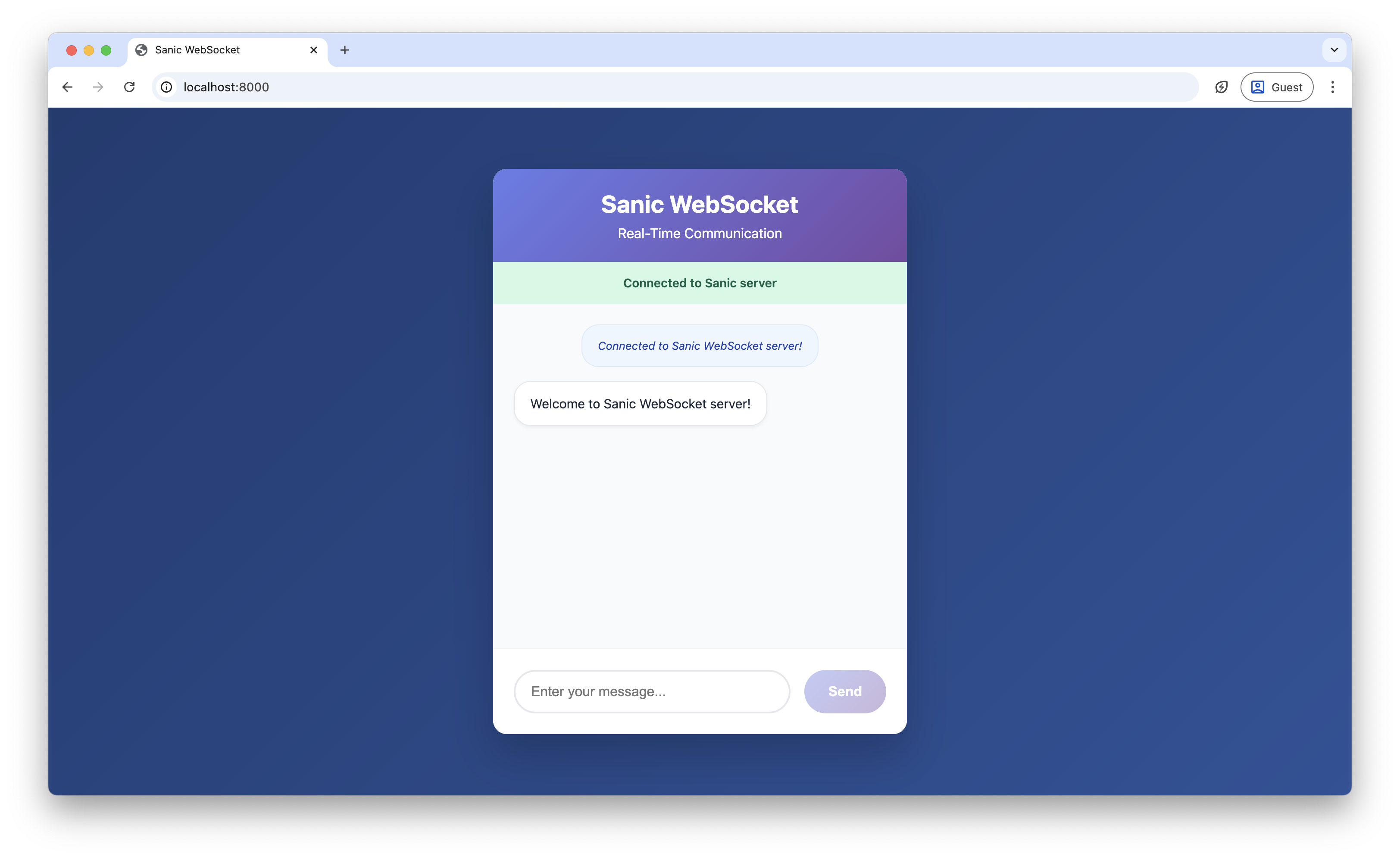 Screenshot of Sanic WebSocket interface showing successful connection status