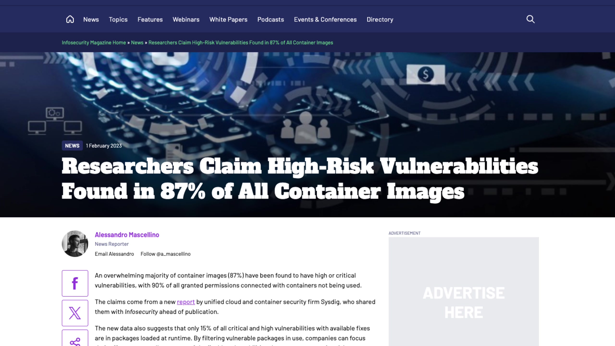 A news article from Infosecurity Magazine with the headline "Researchers Claim High-Risk Vulnerabilities Found in 87% of All Container Images."