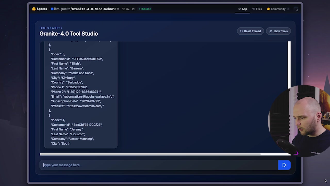 The Granite-4.0 Tool Studio processing a large block of text data and correctly formatting it into a structured JSON output.