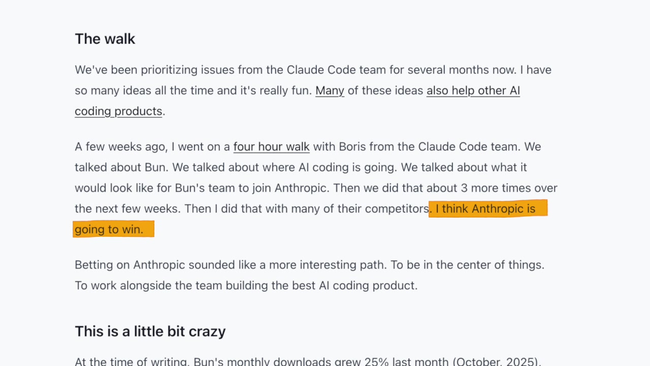 A screenshot from the blog post highlighting the quote, "I think Anthropic is going to win."